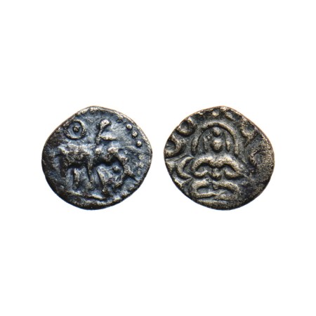 Rashtrakutas, Silver Dramma, 0.46gm, Obv: Elephant walking to right above figure of human 
