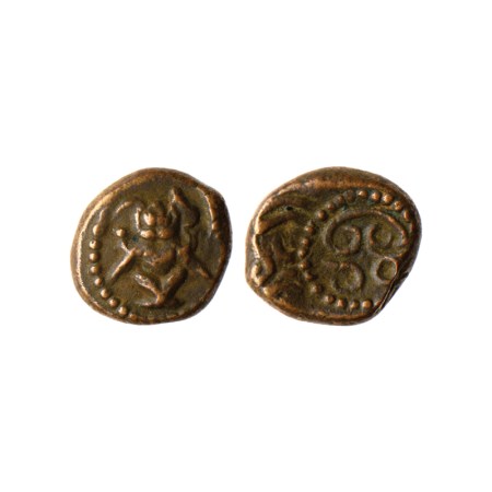 Madurai Nayaks, Copper, 2.15gm, Obv: Seated Narasimha, Rev: Tamil legend 'Sri Vira'. Very 