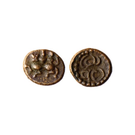 Madurai Nayaks, Copper Kasu, 0.98gm, Obv: Siva and Parvati seated on bull facing to left, 