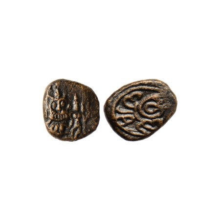 Madurai Nayaks, Copper Kasu, 2.36gm, Obv: Seated Narsimha front facing with godess Lakshmi