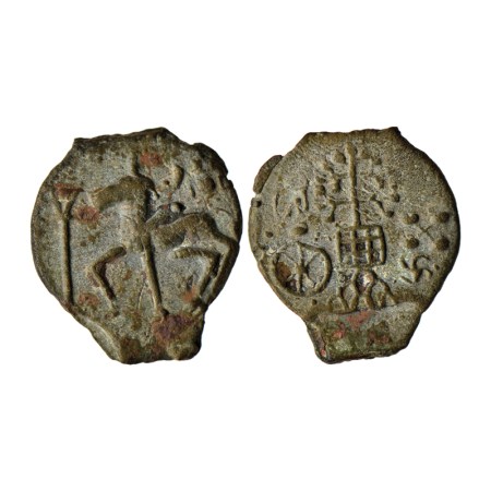 Kaushambi, Uninscribed, Cast Copper, 6.66gm, Obv: Lanki bull walking to left above four na