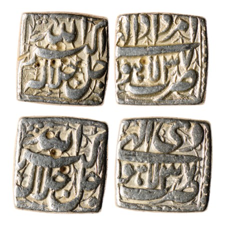 Akbar, Silver Square Rupee (2), Lahore Mint, Ilahi Type, Month Amardad/37, Di/ 37. KM 88.3