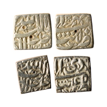 Akbar, Silver Square Rupee (2), Tatta Mint, Ilahi Type, Ilahi 50 / Mihr, Ilahi 45 / Di. KM