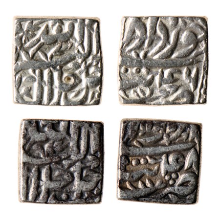 Akbar, Silver Square Rupee (2), Tatta Mint, Ilahi Type, Month Khurdad/46, Azar/ 48. KM 88.