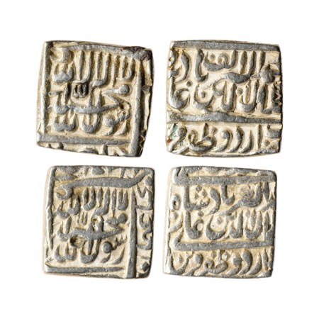 Akbar, Silver Square Rupee (2), Urdu Zafar Qarin Mint, AH Alf (1000) and other undated typ