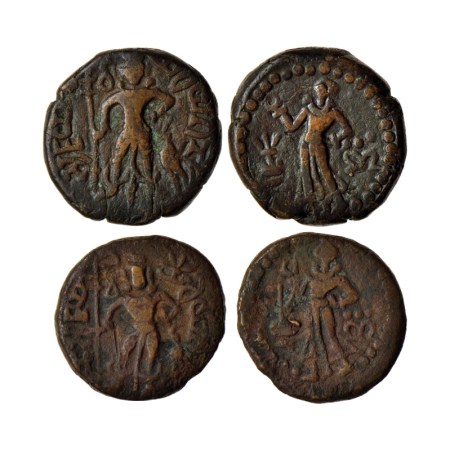 Yaudheya, Karttikeya-Devasena type, Copper Unit (2), Obv: Karttikeya standing facing, hold
