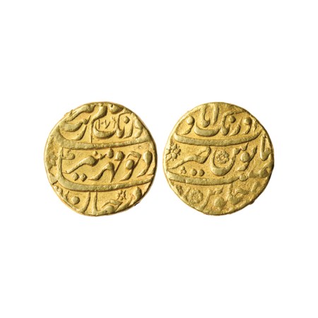 Aurangzeb, Gold Mohur, 10.86gm, Aurangabad Mint on top, AH 1076 / RY 8. KM 315.10. About V