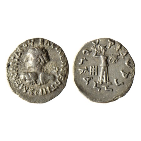 Indo-Greek, Menander I, Silver Drachms, 2.35gm, Obv: Diademed bust of king to left, wieldi