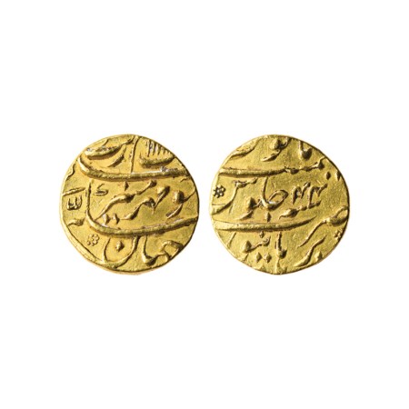 Aurangzeb, Gold Mohur, 11.00gm, Burhanpur Mint, AH 1111 / RY 44. KM 315.16. Surface bend, 