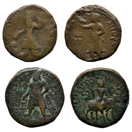 Kushanas, Copper Tetradrachm (2), Kanishka I, Obv: King standing facing left, sacrificing 