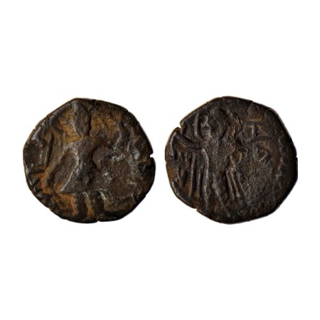 Kushanas, Kanishka, Copper ¼ Drachma, 4.63gm, Obv: King standing facing, holding trident o