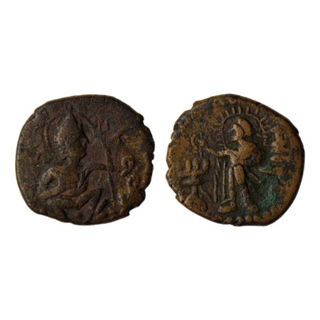 Kushanas, Huvishka, Copper Drachma, 8.14gm, Obv: King seated facing with knees apart and h