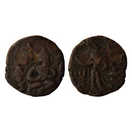 Kushanas, Huvishka, Copper Drachma, 7.42gm, Obv: King seated facing left, both hand folded