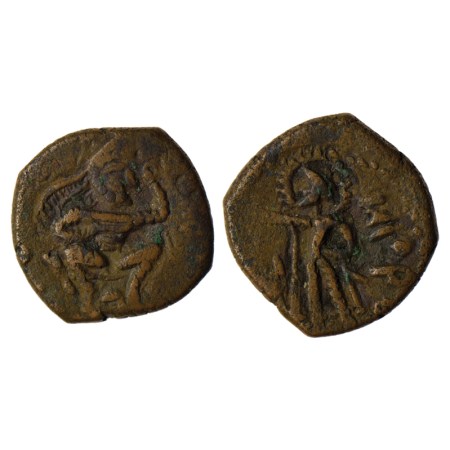 Kushanas, Huvishka, Copper Drachma, 7.98gm, Obv: King seated facing with knees apart and h