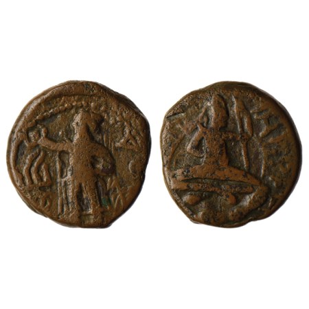 Kushanas, Huvishka (c. 158-195 AD), Copper Tetradrachm, 12.48gm, Obv: King seated on cloud