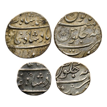 Muhammad Shah, Silver Rupee & 1/2 Rupee (2), Surat Mint, AH 113X / RY 6, 1/2 rupee undated