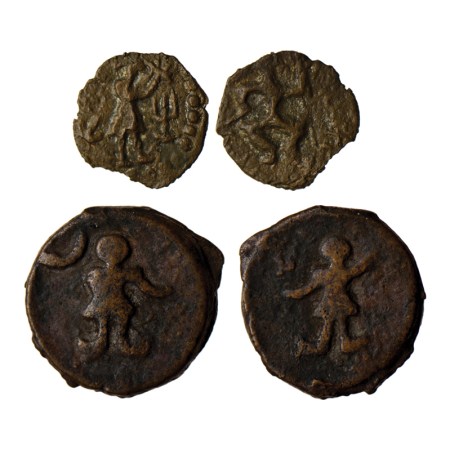Later Kushanas, Copper ¼ and Drachma (2), First is Imitations of Huvishka, Obv: King seate