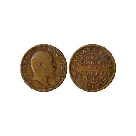 Sailana, Copper 1/4 Anna, 4.47gm, bust of Edward VII on obv, 1908. KM # 15. Fine, Scarce.