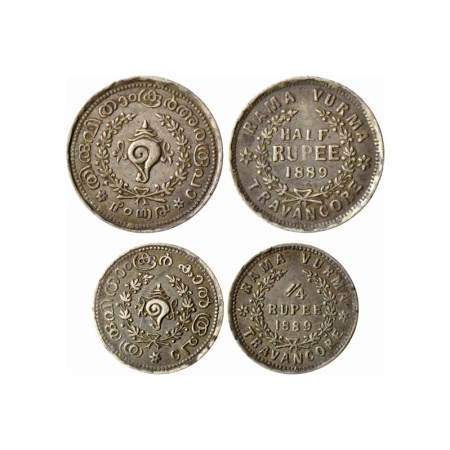 Travancore, Silver 1/2 and 1/4 Rupee, Rama Varma VI, (ME 1062-1101, 1885-1924 AD), AD 1889