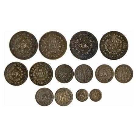 Travancore (7), Silver 1/2 & 1/4 Rupee, Chuckrams & Fanam, Rama Varma VI and Bala Rama Var