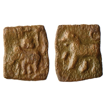 Sangam Age, Chola, Copper Unit, 1.12gm, Obv: Elephant walking to left, above srivatsa symb