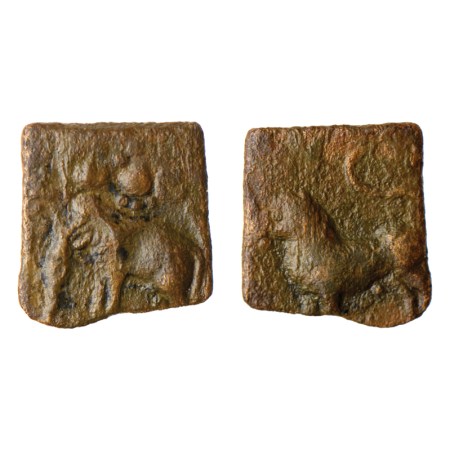 Sangam Age, Chola, Copper, 1.78gm, Obv: Elephant walking to left above few smybols, Rev: T