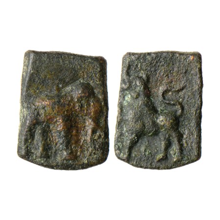 Sangam Age, Chola, Copper, 2.88gm, Obv: Elephant facing to right front of trident, Rev: Ti