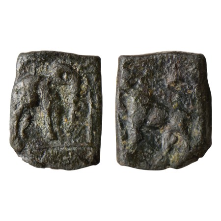 Sangam Age, Chola, Copper, 2.48gm, Obv: Elephant facing to right front of trident, Rev: Ti