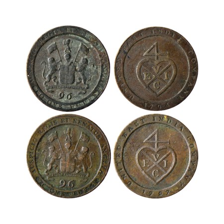Madras Presidency (2), Copper 1/2 Dub/ 1/96 of Rupee, (1794 -1797 AD Issue). Obv: Arms, su