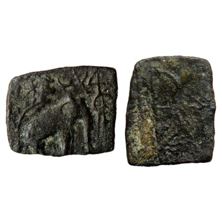 Sangam Age, Chera, Copper Unit, 2.32gm, Obv: Elephant walking to right front of wheel stan