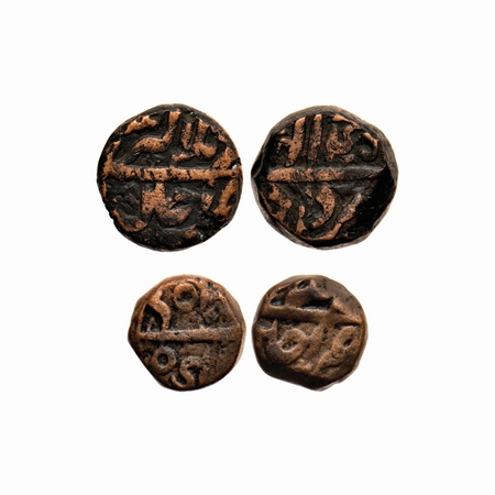 Akbar, Copper Dam, 1/2 Dam, 20.81gm, 9.66gm (2 Coins), Ujjain Mint, Ilahi type with Tanke 