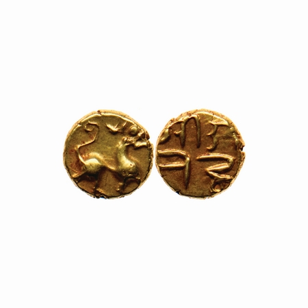 Marathas of Tanjore, Gold Fanam, 0.39gm, Sarabhoji I (1711-1727), Obv: Mythical lion facin