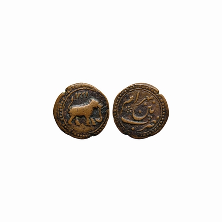 Mysore, Copper ½ Paisa, 5.35gm, Tipu Sultan, Patan Mint, AM 1221. Obv: Elephant right with