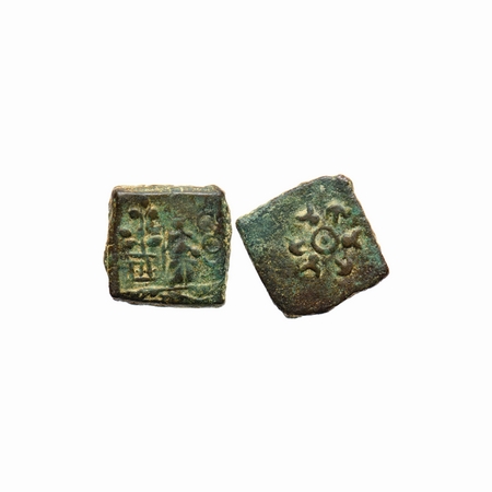 Post-Mauryan, Ujjaini Region, Copper, 4.10gm, Obv: Standing human figure in centre, tree i