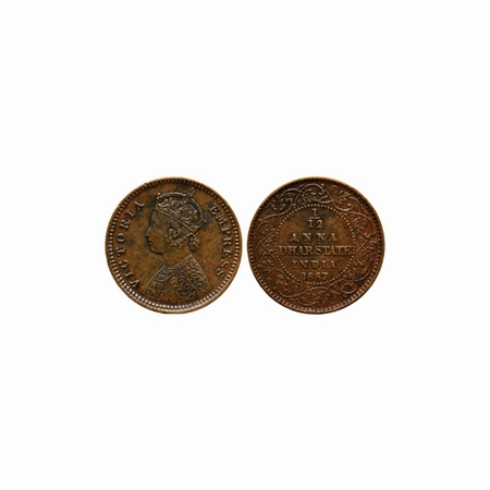 Dhar, Copper 1/12 Anna, 2.20gm, Anand Rao III, 1887 AD, bust of Victoria Empress on obv. K