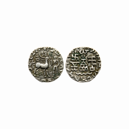 Kunindas, Amoghabhuti (c. 200 BC), Silver Drachma, 2gm, Swastik under Deer Type, Obv: Deer