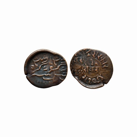Junagadh, Copper Dokdo, 5.88gm, Rasul Muhammad Khan (1891-1911 AD), VS 1964. Error, Double