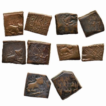 Lunawada, Copper Paisa (5 Coins), Wakhat Singhji, 1942 VS, Lion to right symbols type, KM 