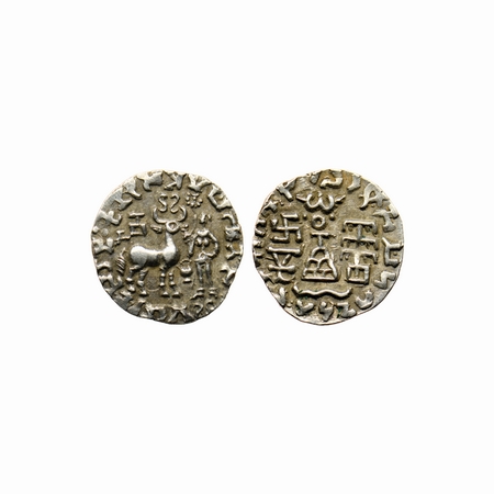 Kunindas, Amoghabhuti (c. 200 BC), Silver Drachma, 2.27gm, Kalash between deer & goddess t