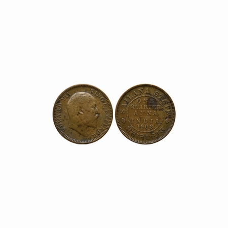 Sailana, Copper 1/4 Anna, 4.85gm, Jaswant Singh (1890-1919 AD), 1908 AD, bust of Edward VI