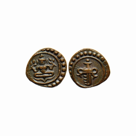 Travancore, Copper Cash, 0.65gm, Swati Tirunal Rama Verma (1829-1847 AD), Obv: Seated Gode