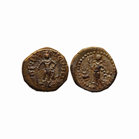 Yaudheya, Karttikeya-Devasena type, Copper Unit , 12.08gm, Obv: Karttikeya standing facing