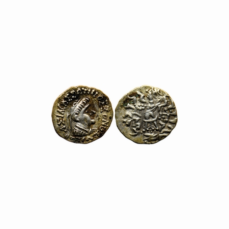 Indo-Greek, Strato II, Silver Drachm, 2.41gm, Obv: Diademed bust of king facing to right, 