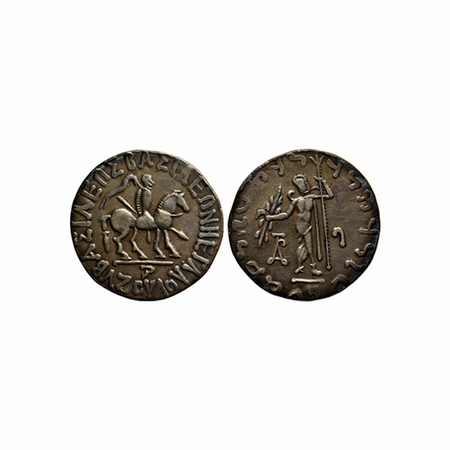 Indo-Scythians, Azes I, Silver Tetradrachm, 8.87gm , Obv: King holding spear, mounted on h