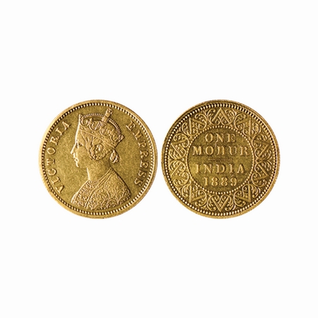 Victoria Empress, Gold Mohur, 1889, (Two flower type & V in relief), F.Prid. 23. About Ext
