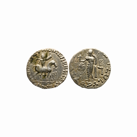 Indo-Scythians, Azes II, Silver Tetradrachm, 9.28gm, Obv: Diademed king on horseback to ri