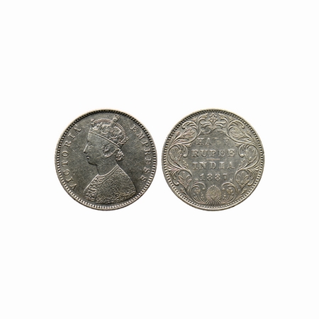 Victoria Empress, Silver, ½ Rupee, 1887, Bombay Mint, A / II, B raised at top Mint mark. F