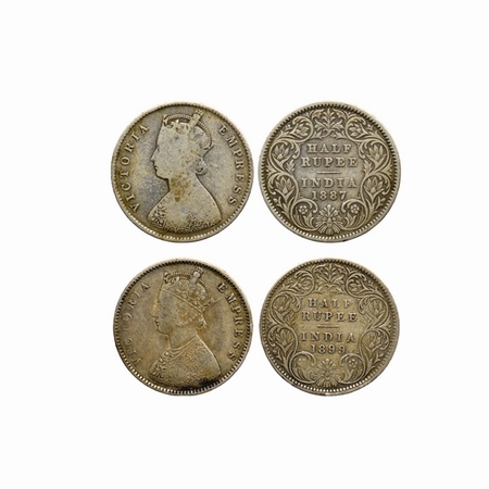 Victoria Empress, Silver, ½ Rupee (2 Coins), 1887 Calcutta Mint, AI C incuset at bottom, 1