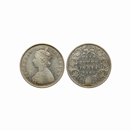 Victoria Empress, Silver, ½ Rupee, 1889, Bombay Mint, A / II, B raised at top Mint mark. F