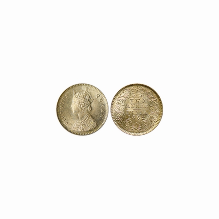 Victoria Queen, Silver, 2 Annas, 1862, Calcutta Mint (15.33mm), A / I, bottom flower centr